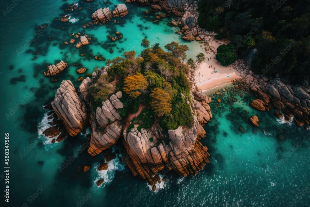 Stones rock in Thailands Koh Phangan as seen from above. Generative AI