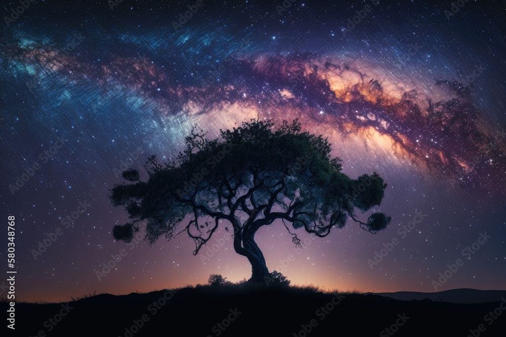 Long exposure shot shows the Milky Way and a silhouetted tree in the night sky. Generative AI