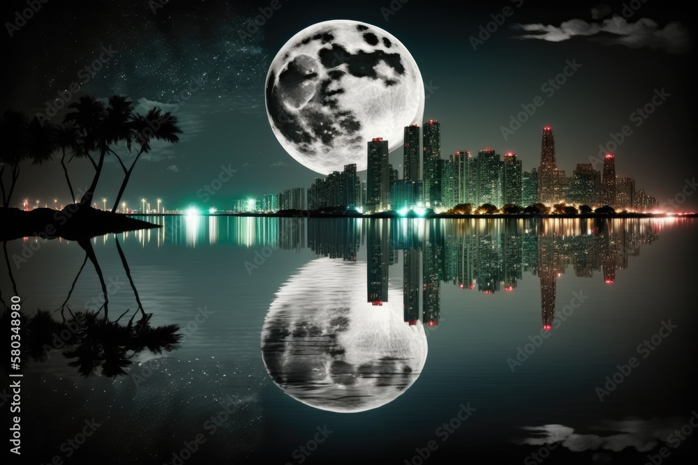 Miamis reflection of the full moon. Generative AI