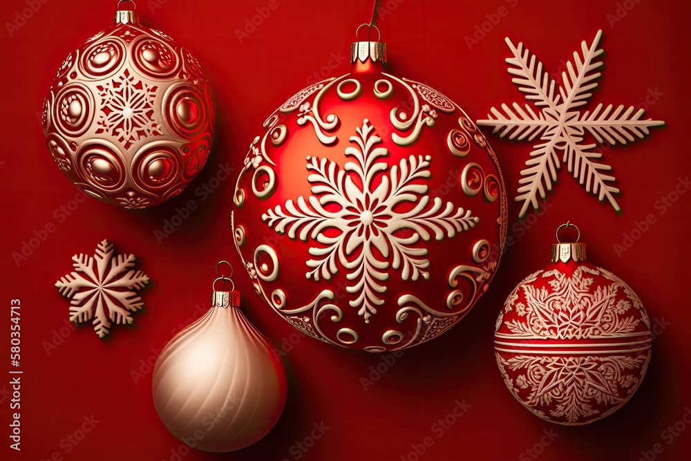 Holiday ornaments and snowflakes on a red backdrop. Generative AI