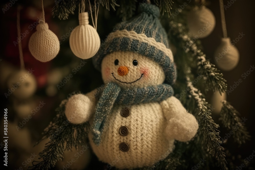 Hanging toy snowman on a Christmas tree. Generative AI