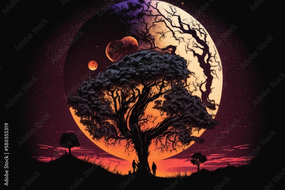 Illustration of a menacing backdrop with a moon, planet, and tree silhouette. Generative AI