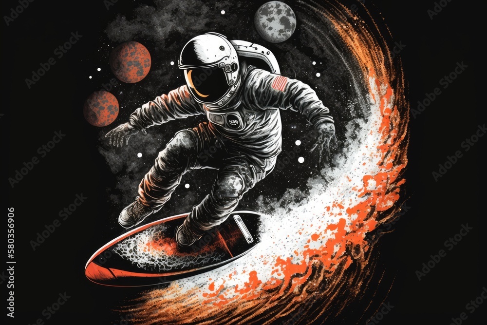 Illustration of an astronaut surfing in space with a superior t shirt design. Generative AI