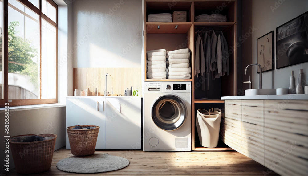 Laundry room interior with washing machine near wall. Generative AI