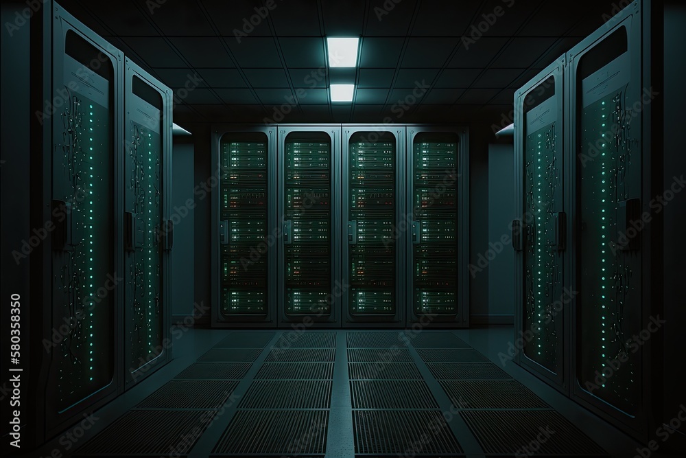 Data center server room with linked devices against a dark backdrop. Generative AI