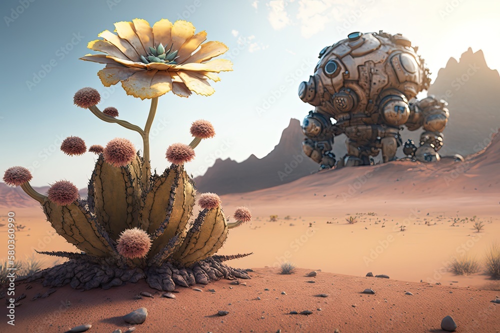 Desert with a flower and a robot. Generative AI