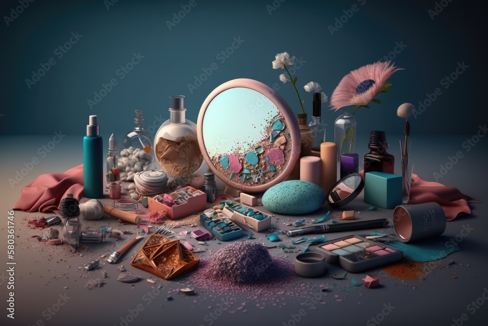 different cosmetics strewn around the table. Generative AI