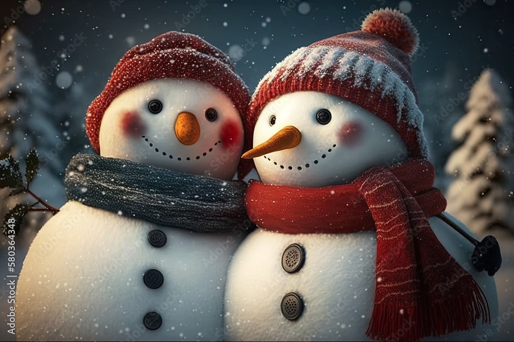 Couple of snowmen in a santa hat in the snowman outside. Generative AI