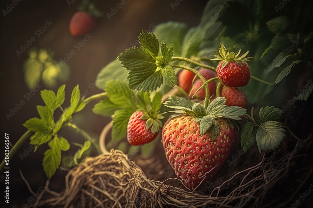 Close up of a ripe organic strawberry bush in a garden. cultivating a harvest of organic strawberrie