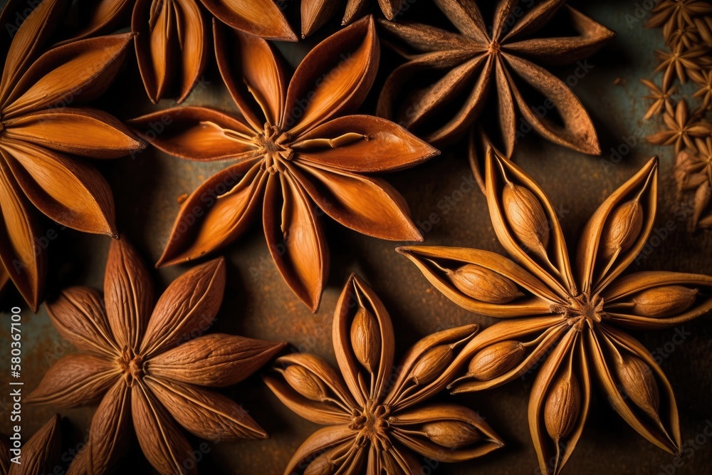 Chinese star anise backdrop in close up. Star anise spice fruits in dried form, top view. Generative