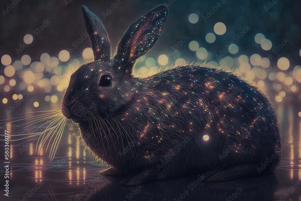 Black water bunny with a background of hazy Christmas lights created by an artificial intelligence (