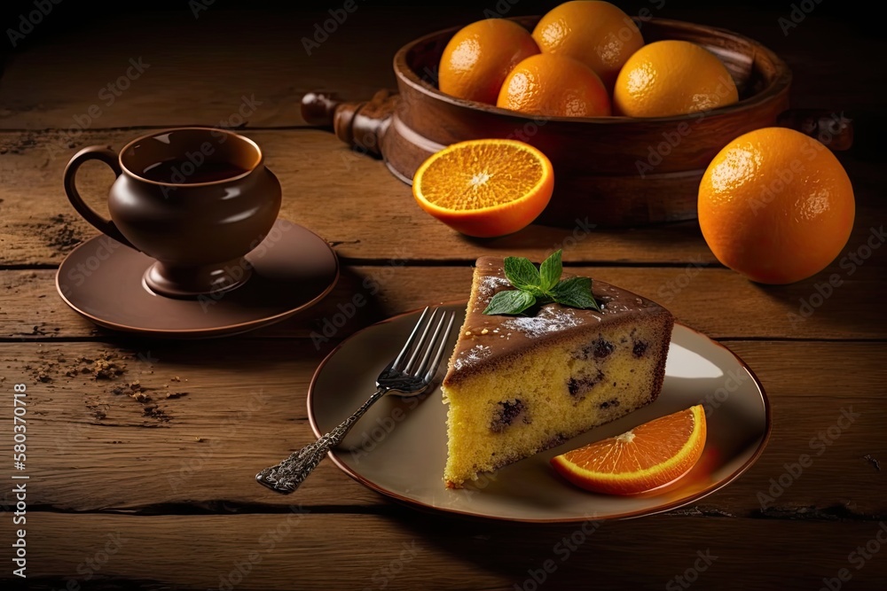 A close up of an orange slice and a piece of juicy orange fruit cake on a dish on a wooden table. Te