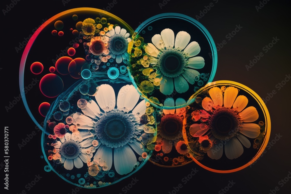 circles, flowers, and an image in an abstract color. Generative AI