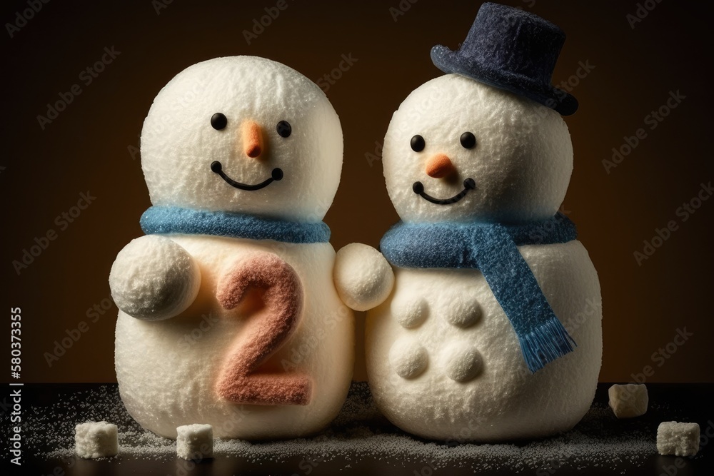 2022 Happy New Year and Merry Christmas. Two snowmen made of marshmallows. years theme. Generative 