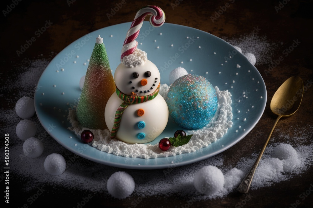 Christmas table décor including a candy snowman on a dish and a Christmas tree. Generative AI