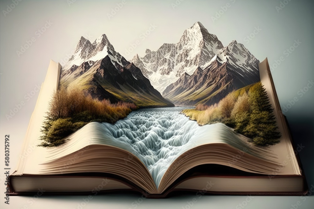 book with a river and a mountain. Generative AI