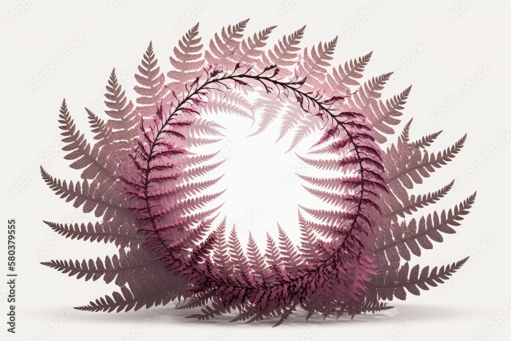 circle of pink fern leaves on a white backdrop. Generative AI