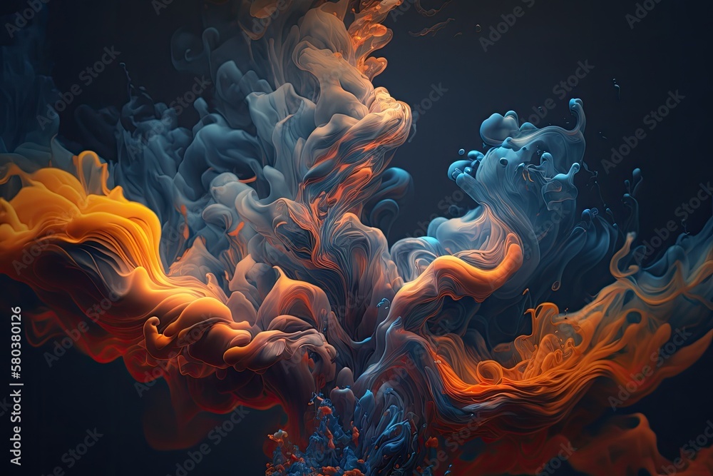 Abstract backdrop with orange, blue, and flowing art undersea ocean of lactic smoke. Generative AI