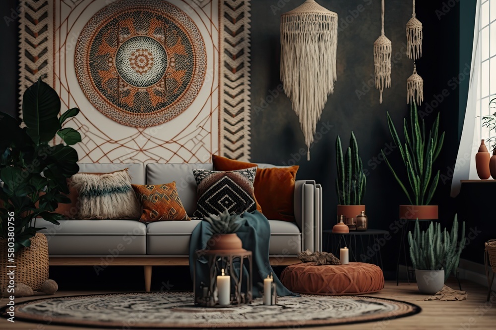 a mock up of a home interior with ethnic bohemian decor. Generative AI