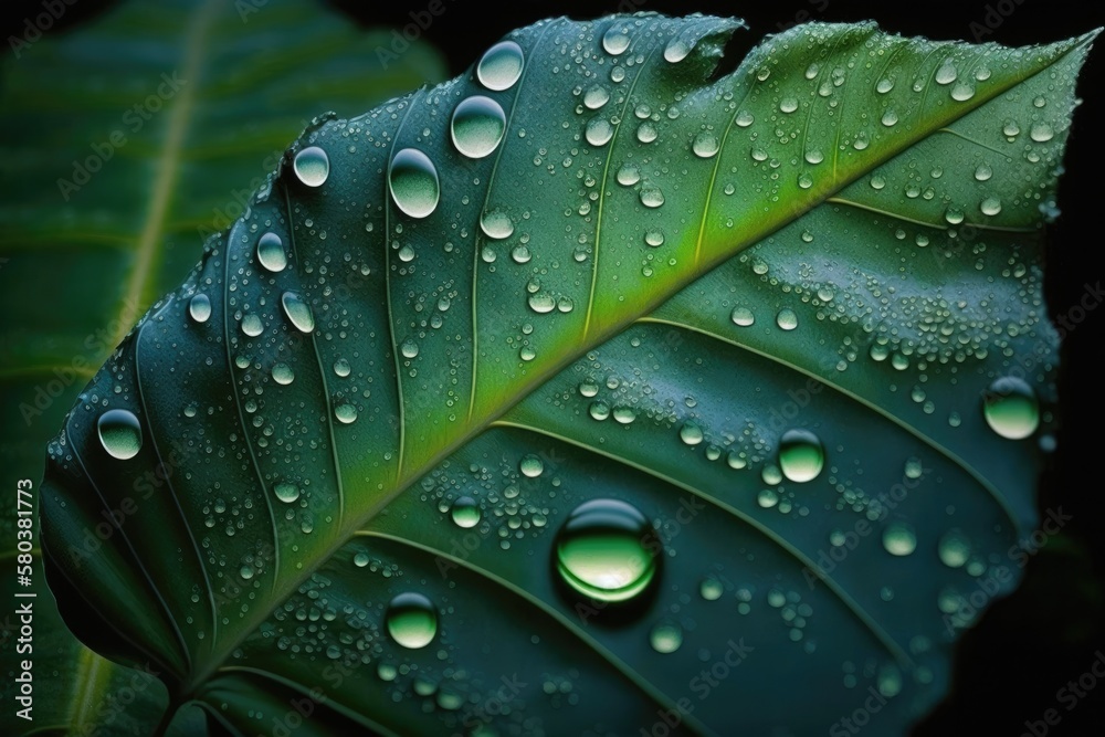 A gorgeous green leaf in close up, coated with dewdrops in the early morning. Generative AI