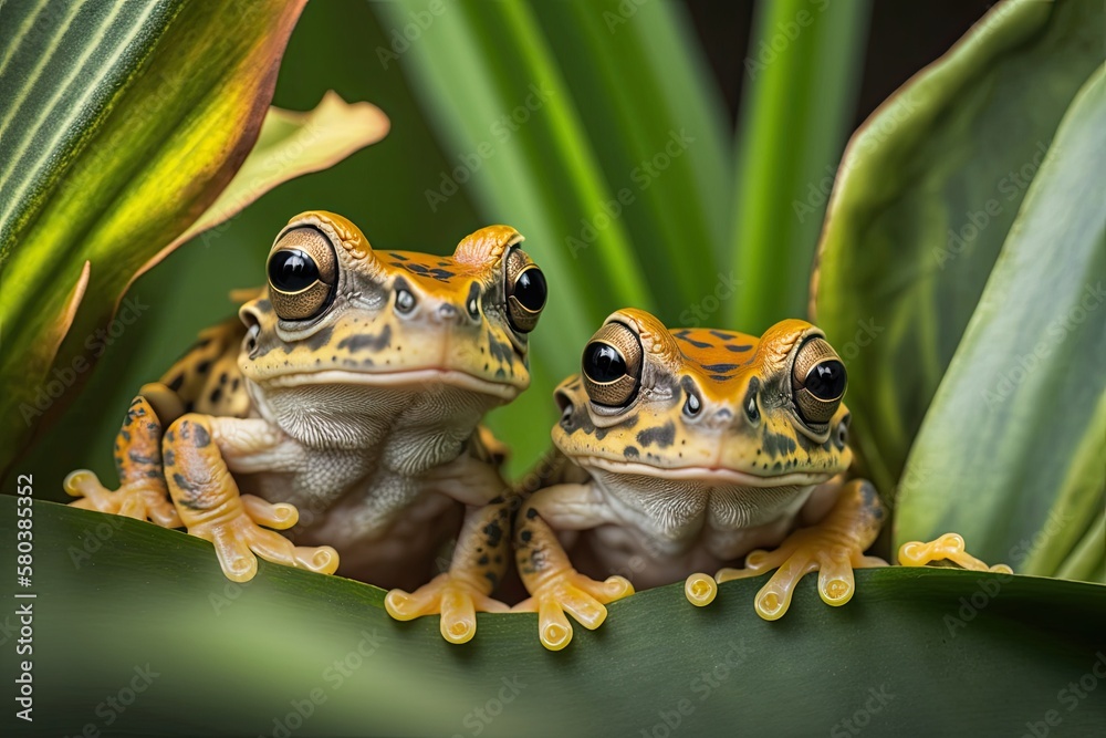 Baby hypochondrialis tiger legged monkey frogs close up on leafy greenery. Generative AI