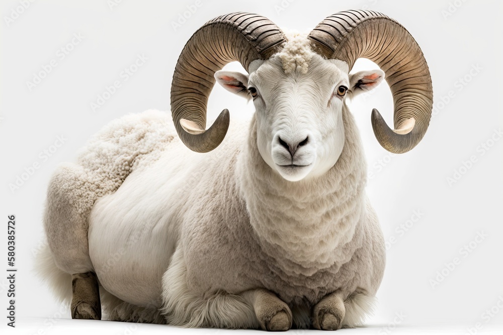 Isolated white ram on white background. Generative AI