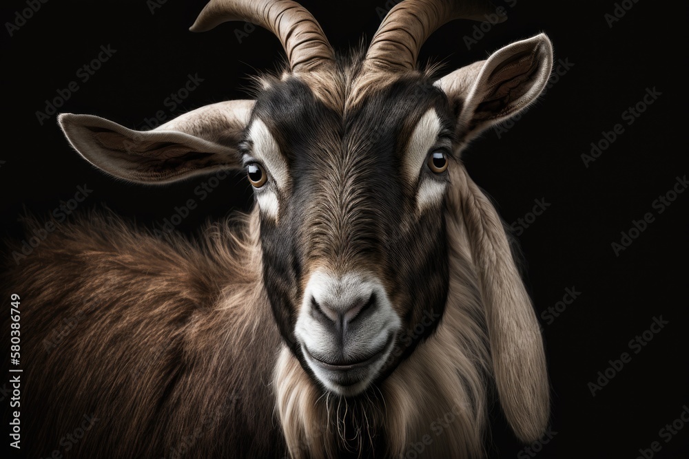 Face of a cute pet goat with a big horn. Generative AI