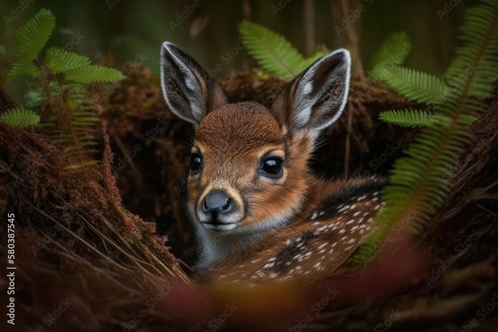 Cute roe deer fawn (Capreolus capreolus) using camouflage to rest in the forest. Friesland, Netherla