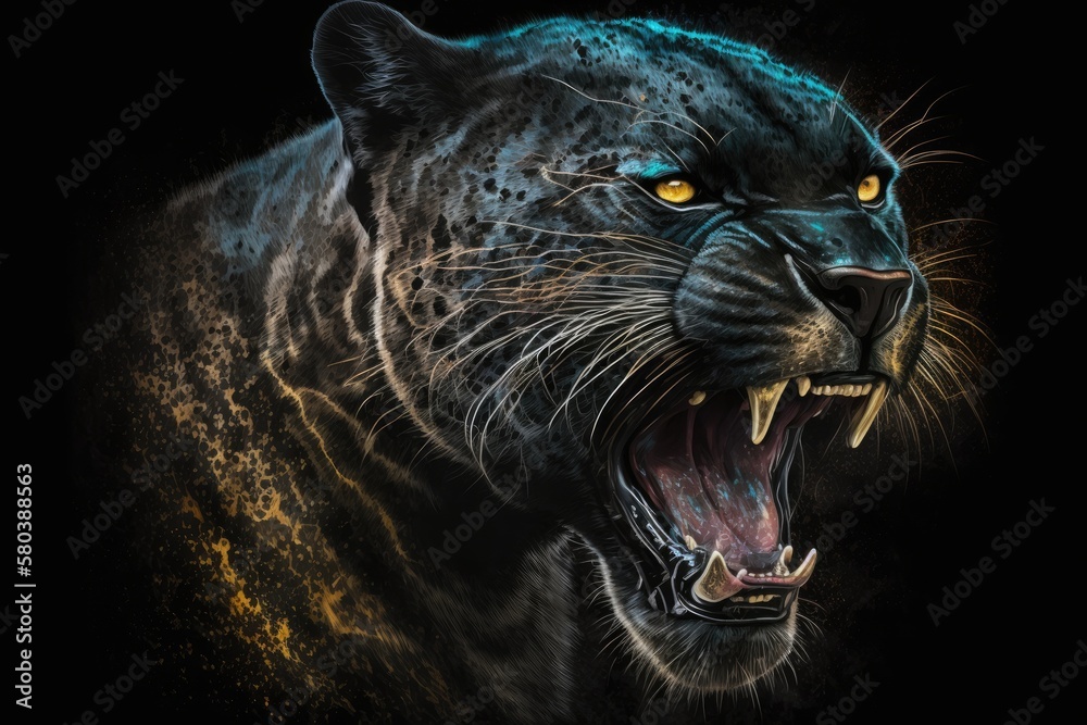 Digital painting of a roaring black panther on a black background. Generative AI