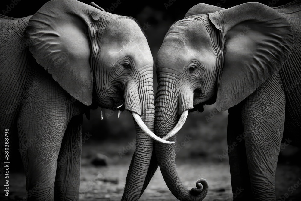 On safari in Africa, this amazing black and white photo of two elephants interacting was taken. Gene