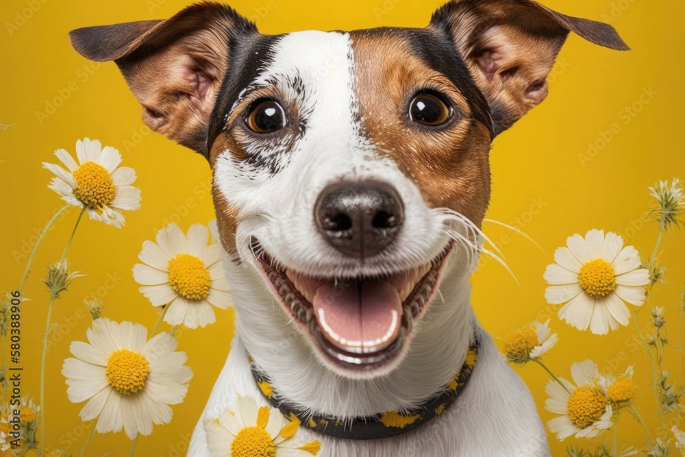 On a yellow background is a picture of a happy Jack Russell with chamomile flowers around him. Gener