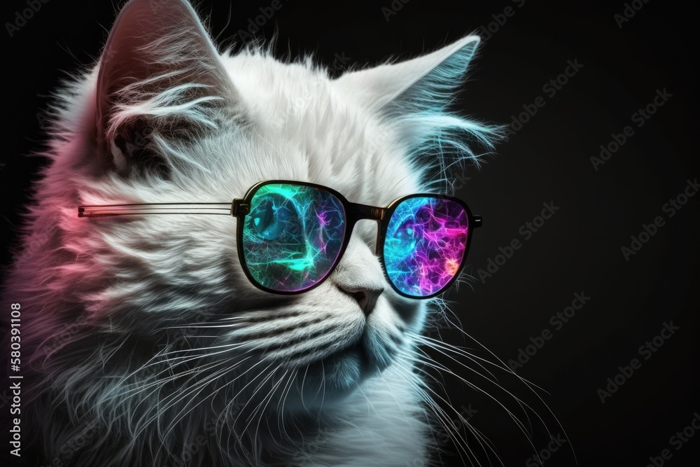 A picture of a white cat with fur wearing trendy glasses. Neon light in a studio. The cat is posing 