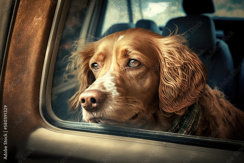 A picture of a dog that was left in a hot car on a summer day. Animal care. Dog owner who is respons