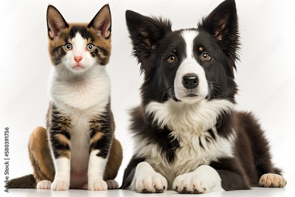 Border collie dog and kitten both look at camera while sitting together. stand out against a white b