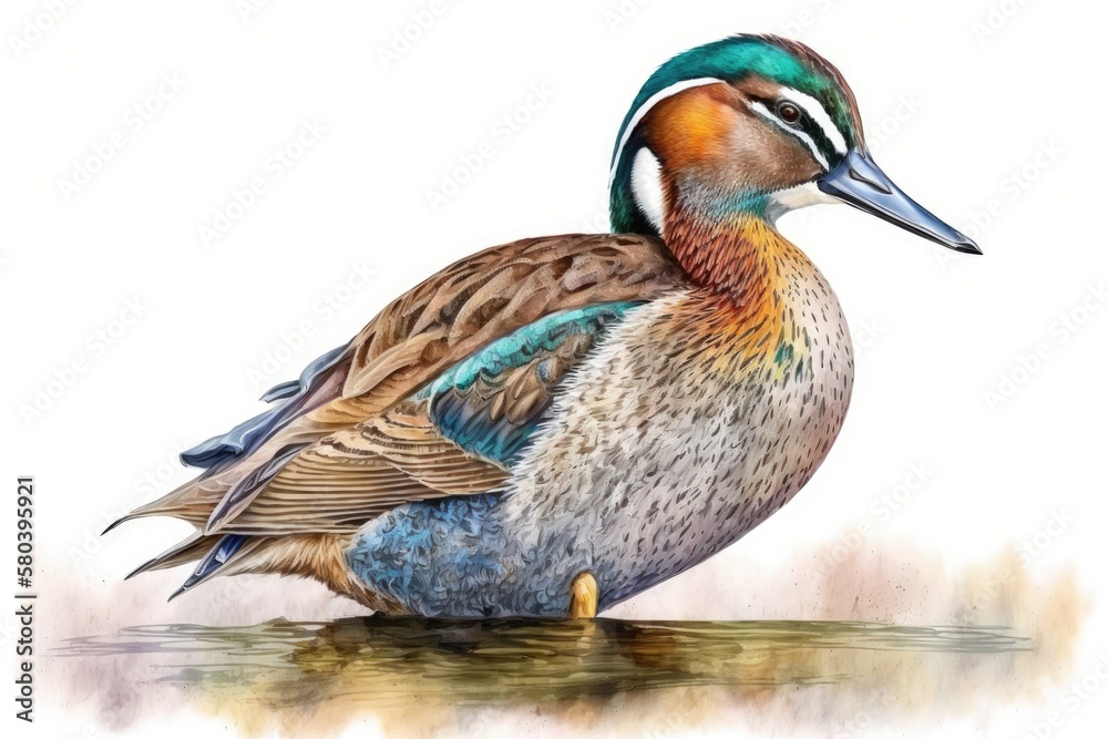 Watercolor picture of a Carolina duck. Realistic bird drawing made by hand. Carolina male duck side 