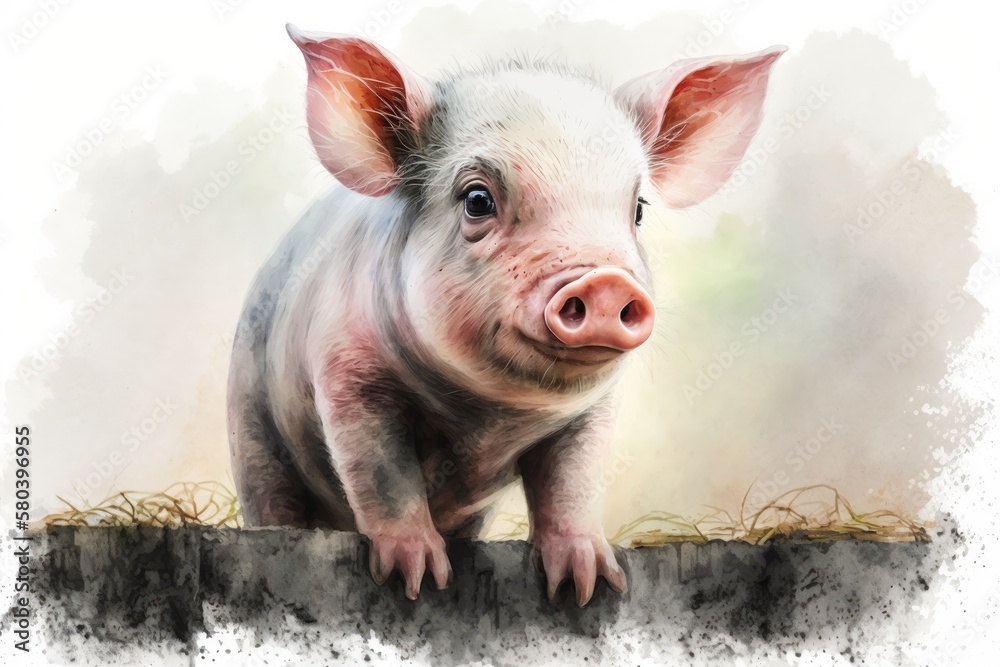 Watercolor picture of a cute pig. series of young animals. Generative AI