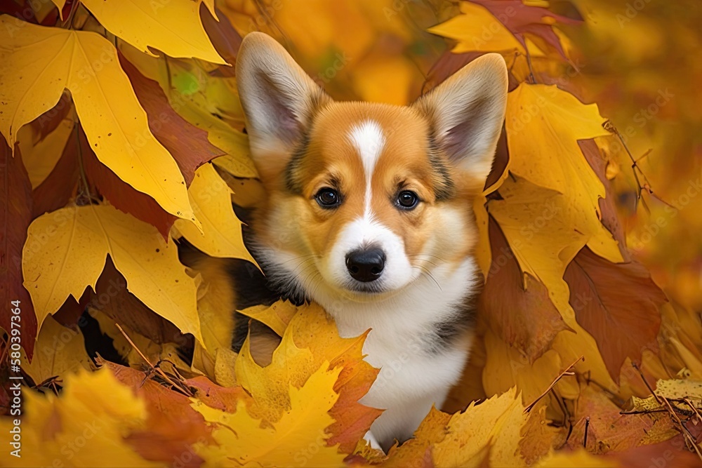 Welch Corgi puppy in the leaves of fall. Generative AI