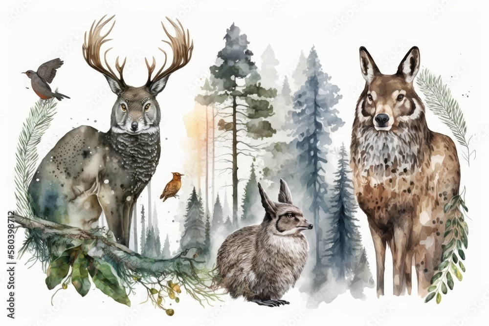 Wildlife wallpaper from the woods. A picture of an owl, a deer, and a rabbit. Animals and evergreen 