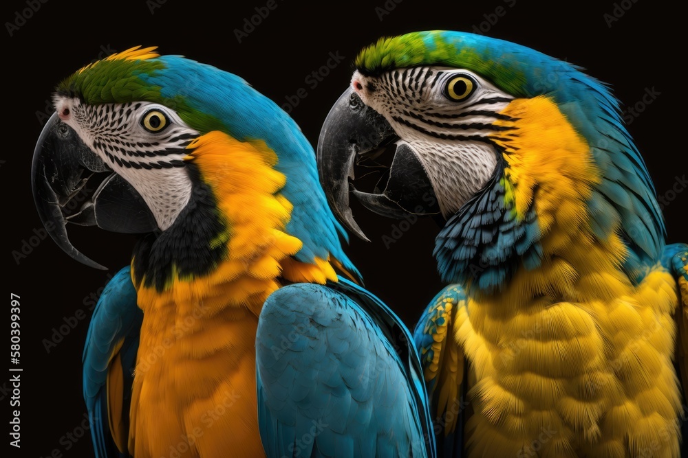 Two macaw parrots with colorful feathers and long tails. Close up of a macaw bird. Portrait of a blu