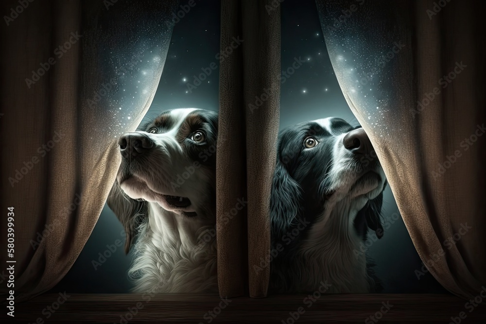 Two dogs hide behind a curtain because they are scared of fireworks, thunder, loud noises, or being 