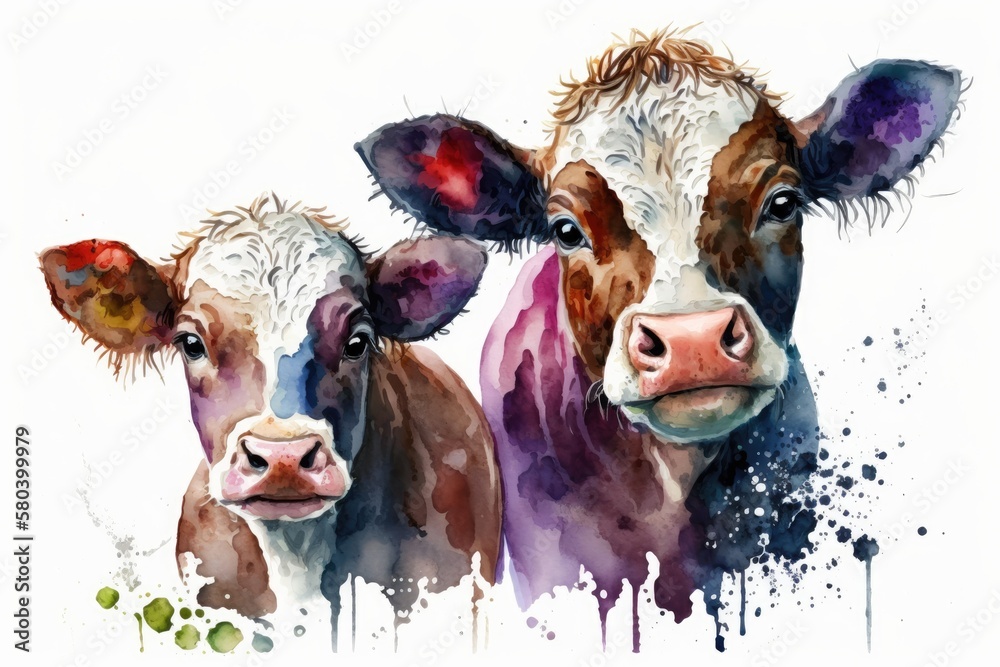 Watercolor drawing of cute cows on white background. Generative AI