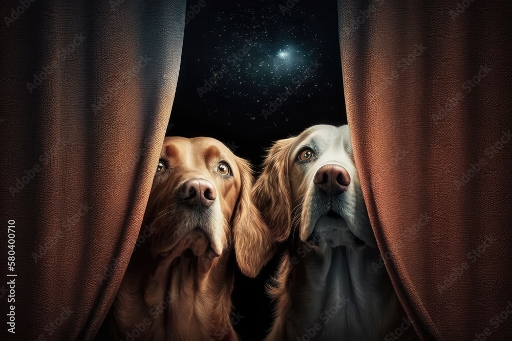 Two dogs hide behind a curtain because they are scared of fireworks, thunder, loud noises, or being 