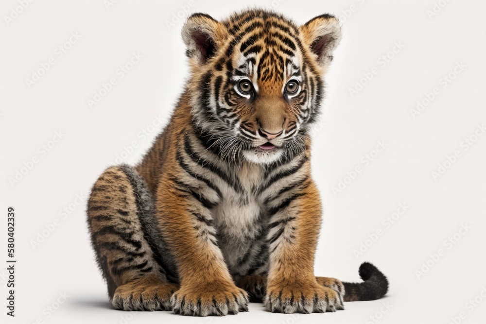 Tiger cub 2 months old sitting on white background. Generative AI