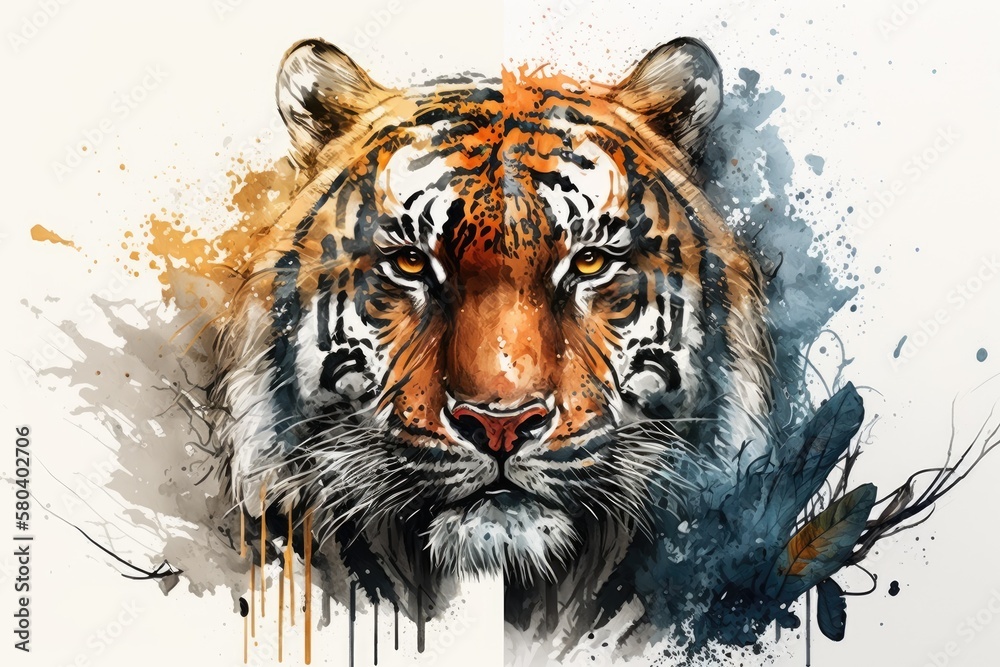 Tiger head drawn by hand and colored with paint on a white background. Generative AI