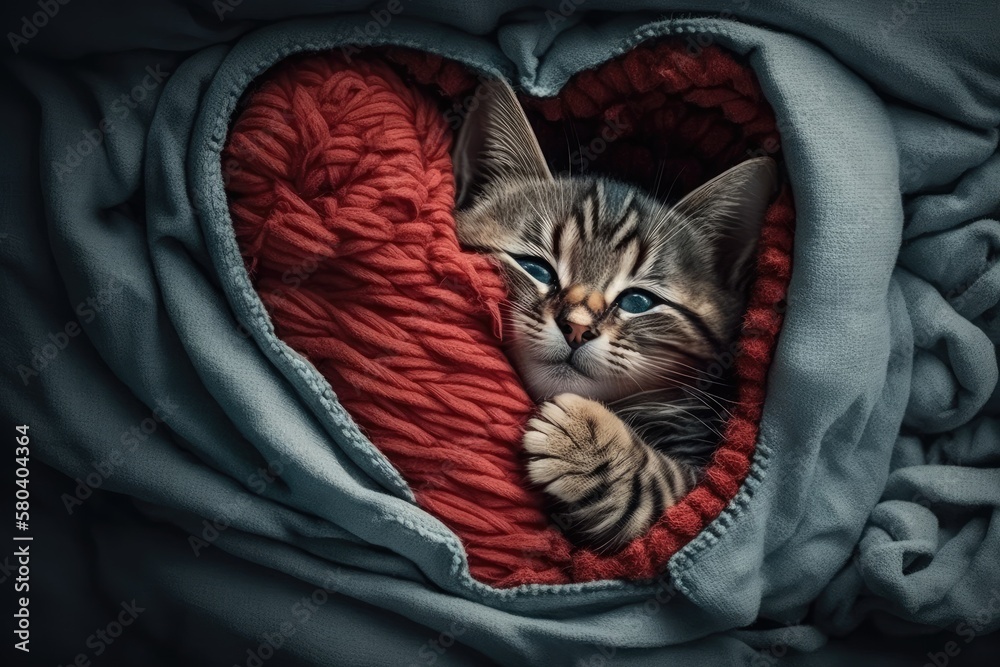 The kitten is sleeping on a bed with a red heart under a blanket. Valentines day concept. Top down v