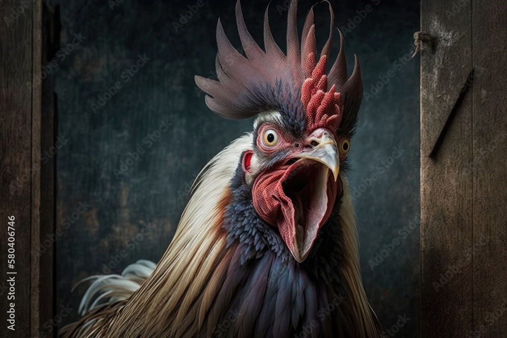 The rooster portraits head is close. The rooster has unlocked the door and is yelling. When a bird 