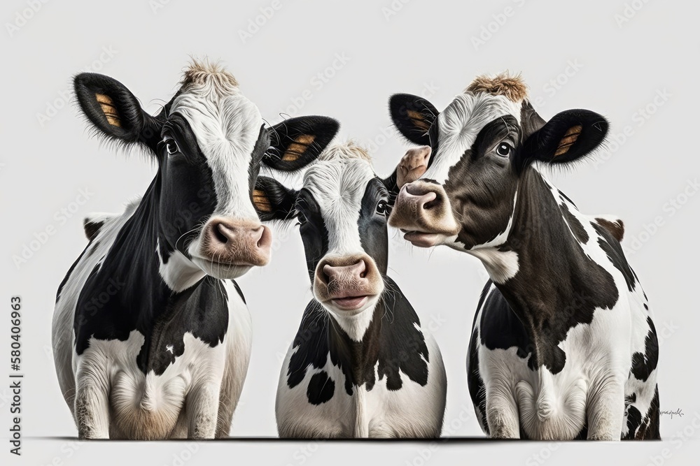 There are three funny cows on a white background by themselves. Three cute cows in a picture. The co