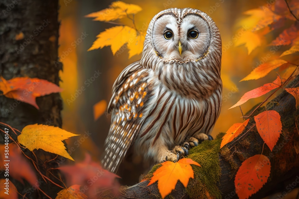 The Ural Owl, Strix uralensis, is sitting on a branch in a Swedish oak forest with orange colored le