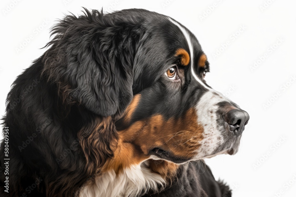 Studio portrait of a black Bernese Mountain Dog with a thoughtful expression against a white backgro