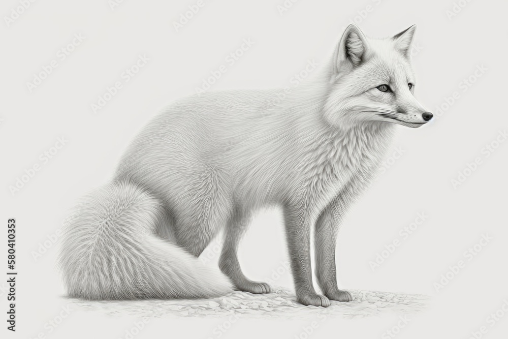 The Arctic fox (Vulpes lagopus), a realistic drawing for the Encyclopedia of Animals of the Arctic T